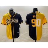 Men's Pittsburgh Steelers #90 TJ Watt Yellow Black Split With Cool Base Stitched Baseball Jersey